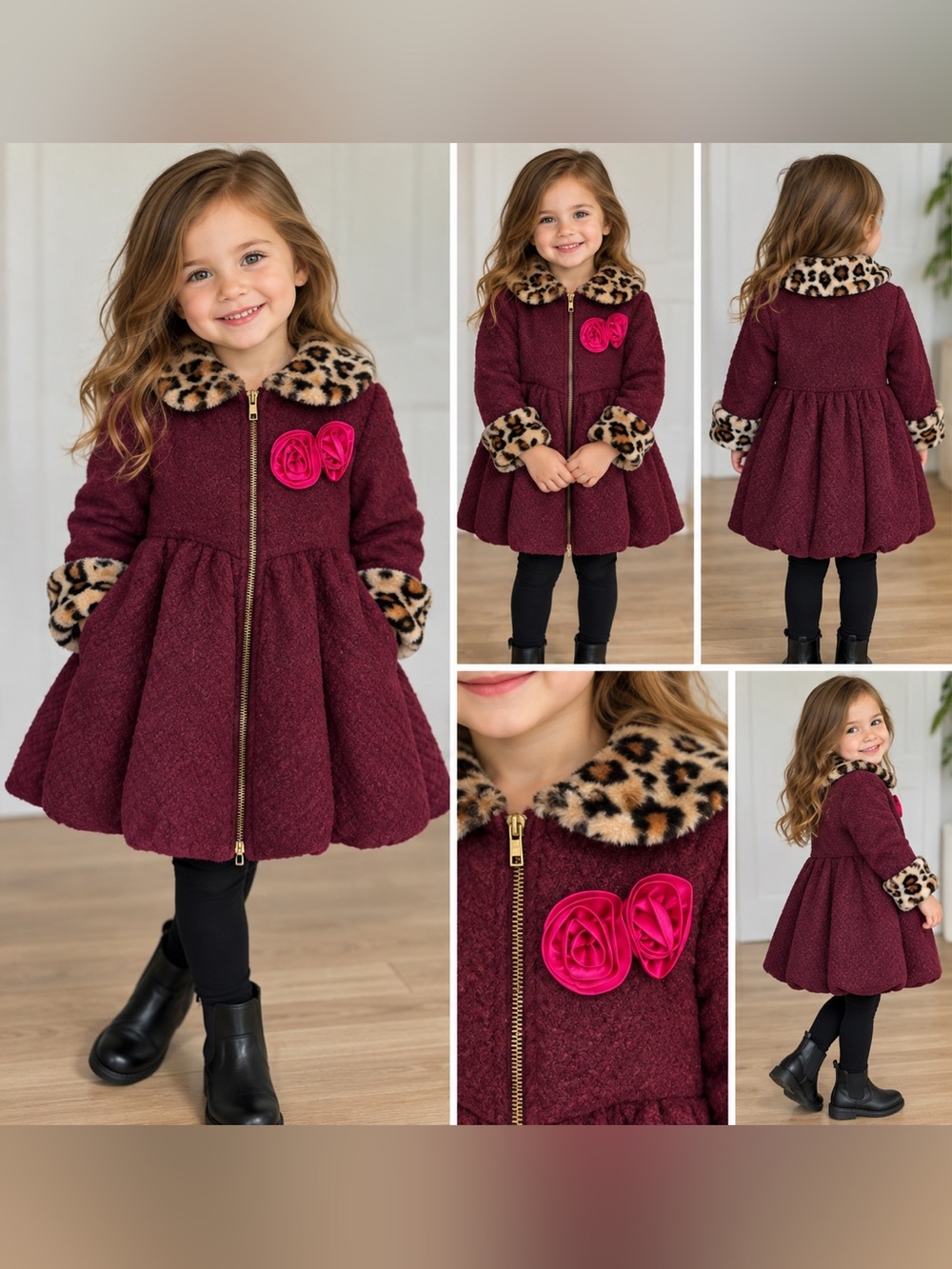 Penelope Mack Faux Fur Leopard Trim Burgundy Kids Coat 4T